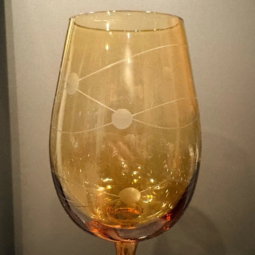 Vintage MCM Eisch Pirouette Amber Glasses, Air Twist Space Age Orbital Pattern 4